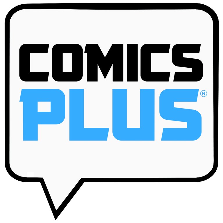 Comics Plus logo with speech bubble with the word comics in black and the word plus in blue