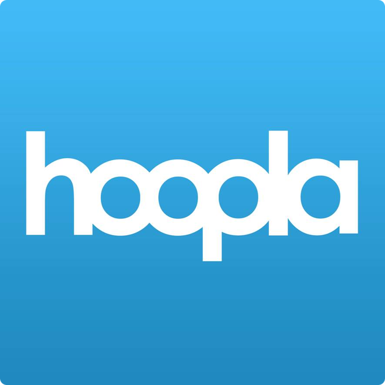Hoopla logo with white letters on blue background