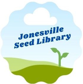 Jonesville Seed Library logo in scalloped round shape with green grass and two leafed sprout, blue sky with white cloud, and dark blue lettering