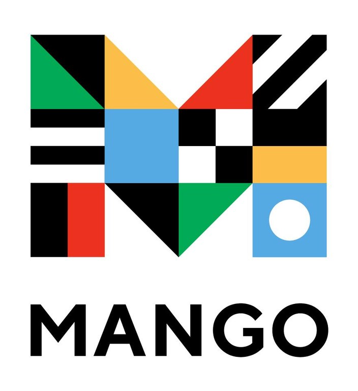 Mango Languages logo - block style M with multicolored patterns 