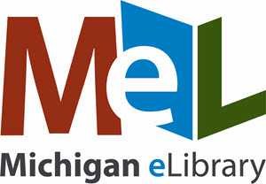 red M, white e on blue background, Green L Michigan Electronic Library logo