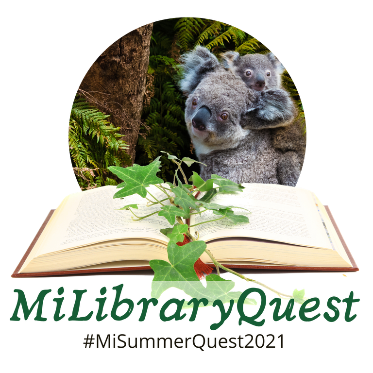 MiLibrary Quest logo with koalas, an open book and the text #MiLibraryQuest2021